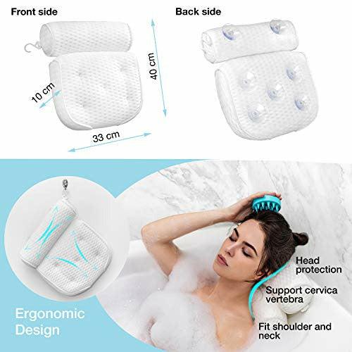 buonson Bath Pillow 4D with 7 Non Slip Suction Cups And Free Massage Brush - Luxury Bath Headrest Cushion for Head, Neck and Shoulder Support - Fits All Bathtub, Hot Tub and Home Spa 2