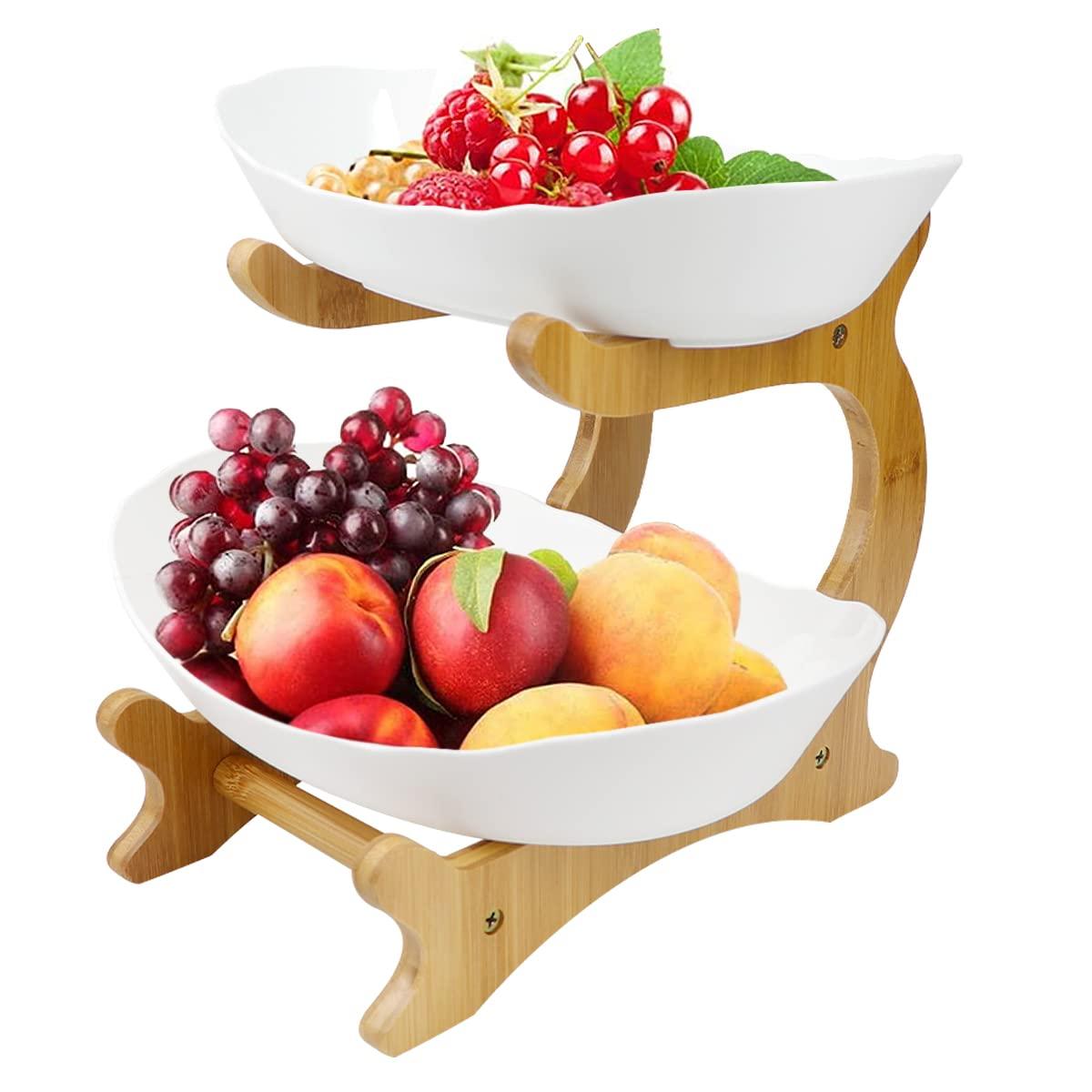 DOERDO 2 Tier Fruit Basket for Kitchen, Tiered Vegetable Serving Tray Dessert Appetizer Cake Dish with Wood Stand for Desktop Display 0