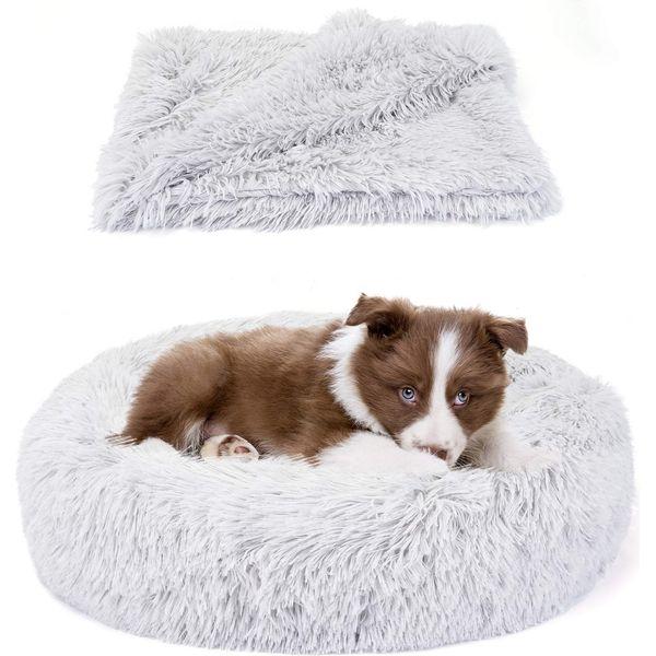 Belababy Dog Cat Donut Bed with Soft Blanket, Calming Dog Cat Bed Medium with Soft Plush, Puppy Bed Dog Beds with Fluffy Cuddler, Anti Anxiety Dog Bed with Anti-Slip Bottom (L, Light Grey) 0