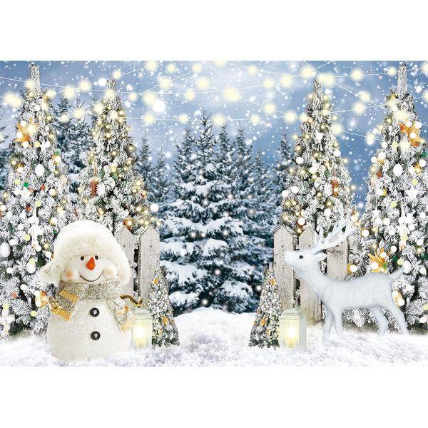 INRUI Glitter Christmas Pine Tree Snowman Photography Background Winter Snowflake White Elk Party Decoration Christmas Snowy Forest Birthday Backdrop (8x6FT) 3