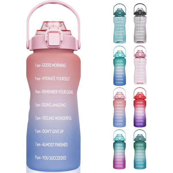 SHBRIFA 2 litre Large Water Bottle With Straw and Time Markings Half Gallon Water Bottle for Fitness, Gym and Outdoor Sports (pink/blue)