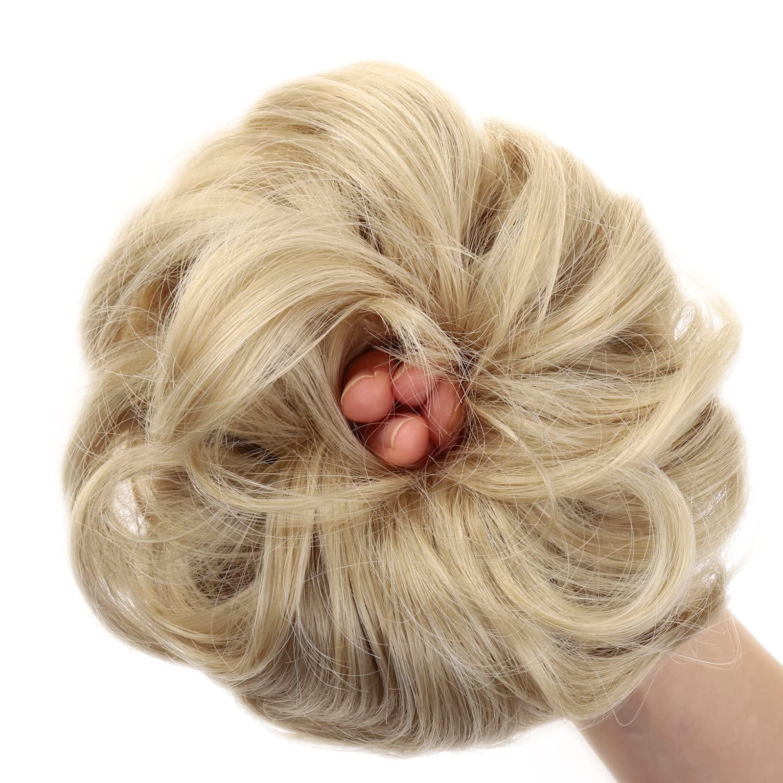 JJstar 2PCS Messy Bun Hair Piece Curly Fake Hair Buns Donut Tousled Updo High Heat Resistant Synthetic Fiber Hair Scrunchies Pieces for Women Girls Ponytail Extension(Pale Ash Blonde) 4