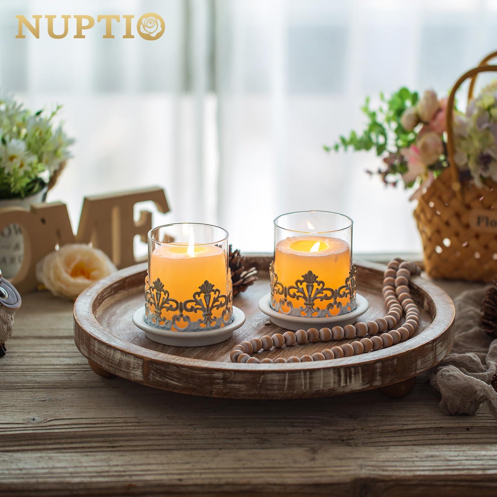 NUPTIO Pillar Candle Holder Hurricane: 2 Pcs Vintage Candle Holders Candlestick Cream White Metal Glass, Shabby Chic Fireplace Ornaments for Living Room Christmas Dining Table Decorations Antique 1