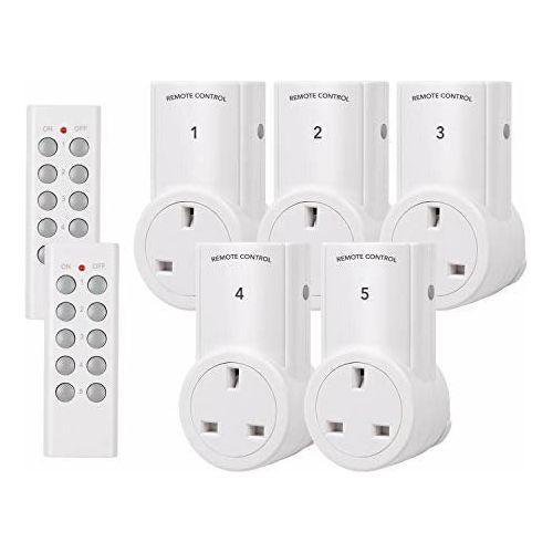 HBN Remote Control Socket Wireless Operated 30M/100ft Range UK Mains Plug for Household Appliances, 10A/2400W, 5 Pack Sockets and 2 Remote 0