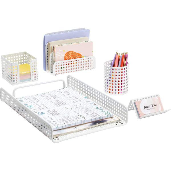 5-Piece White Desk Organisers and Accessories Set Including Paper Tray, Sticky Notes Holder, File Sorter, Pen Cup, and Card Stand 0