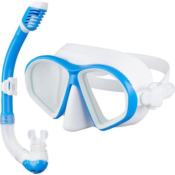 SixYard Dry Snorkel Set for Kids, Anti-Fog Tempered Glass Scuba Diving Mask, Panoramic Wide View Swimming Goggle, Easy Breathing and Professional Snorkeling Gear for Boys and Girls (Blue)