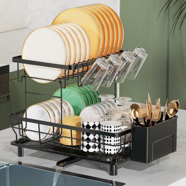 LIONONLY 2 Tier Dish Drainer Rack with Drip Tray, Detachable Large Dish drying Rack with Swivel Drainage Spout, Utensil & Cutting Board Holder for Kitchen Counter, Black 0