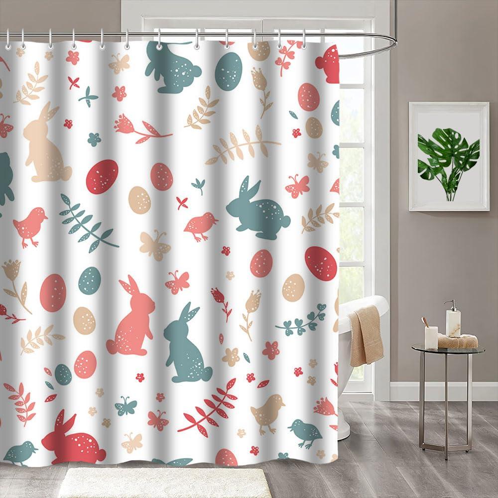 MEHOFOND 72x72inch Spring Easter Shower Curtain Cartoon Plant Bunny Egg Cartoon Fun Home Bath Decor Durable Polyester Material With 12 Hooks 3