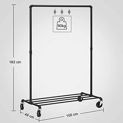 SONGMICS Heavy Duty Metal Clothes Rack on Wheels, Holds 90 kg, Industrial Design, Coat Stand with 1 Clothes Rail and Shelf, for Bedroom Laundry Room, Black HSR61BK 3