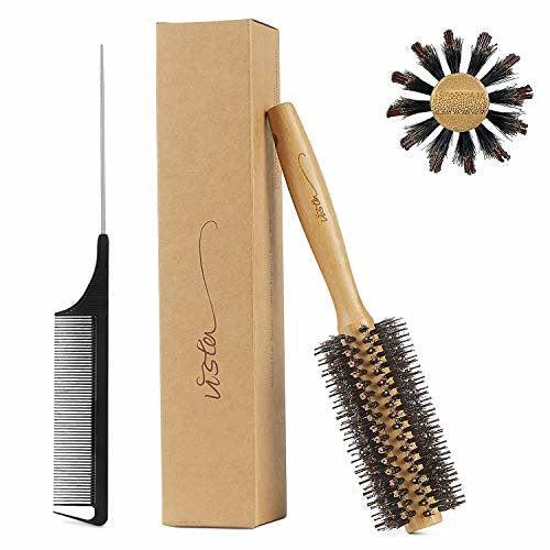 Round Hair Brush Women Bamboo with Pin Tail Comb Natural Boar Bristle Hair Brush for Blow Drying for Women and Men to Style Curling or Straightening Adds Shine and Makes Hair Smooth 0