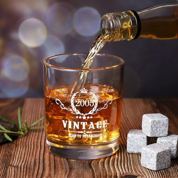 18th Birthday Gifts for Boys, Vintage 2005 Whiskey Glass Set - 18th Birthday Decorations - 18 Years Anniversary, Bday Gifts Ideas for Him, BoyFriend, Friends - Wood Box & Whiskey Stones & Coaster 4