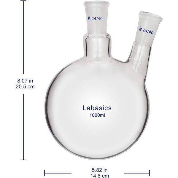 Labasics Glass 1000ml 2 Neck Round Bottom Flask RBF, with 24/40 Center and Side Standard Taper Outer Joint, 1000ml 4