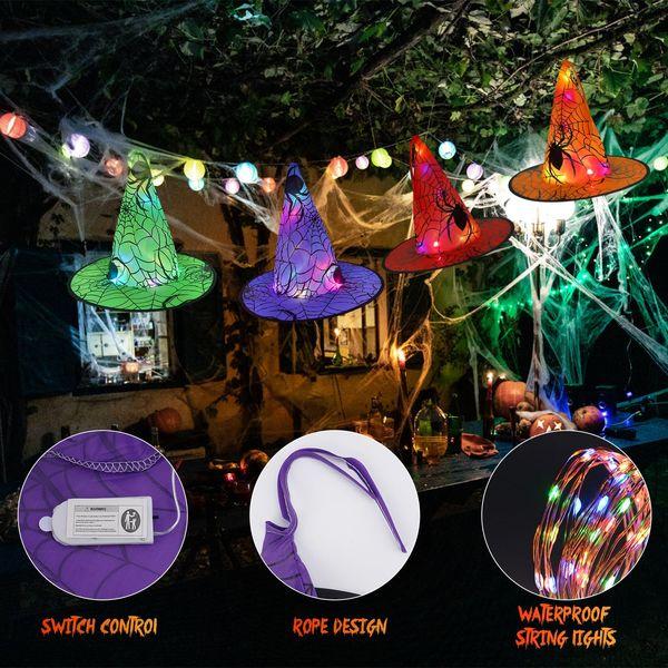 welodorir Halloween Decorations Glowing Witch Hat, 8Pcs Hanging Glowing Witch Hats Light-Emitting String Lights for Outdoor Gard Tree Yard Party Decor 1