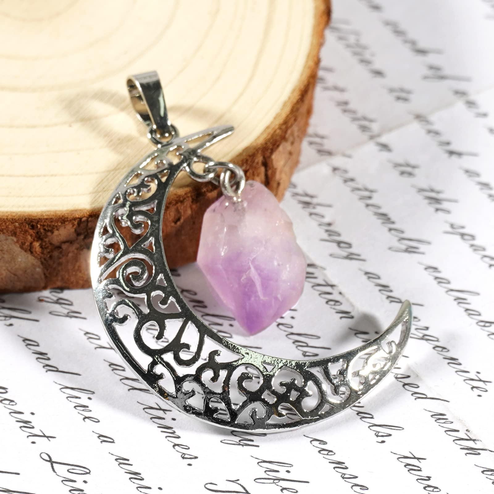 Soulnioi Gemstone Moon Necklace Antique Silver Plated Crystal Necklace Pendant, Crystal Owl Statue Ornament Resin Chip Stones Figurine for Home Office Decor (Amethyst) 3