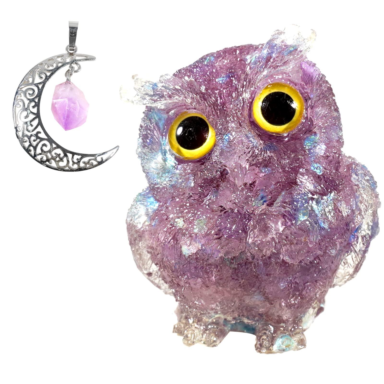 Soulnioi Gemstone Moon Necklace Antique Silver Plated Crystal Necklace Pendant, Crystal Owl Statue Ornament Resin Chip Stones Figurine for Home Office Decor (Amethyst)