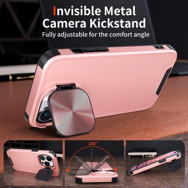 Buysing for iPhone 15 Pro Max Case with Camera Cover Stand [with Screen Protector] Invisible Metal Kickstand Military Grade Hard Matte Shockproof Phone Case 6.7"-Pink 2