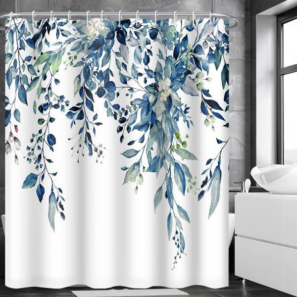 MIRRORANG Shower Curtain, Blue Floral Bathroom Curtains Mildew & Mould Resistant Polyester Bath with 12 Hooks, Waterproof Quick-Drying Fabric Plant Curtain(180 x 180 cm)