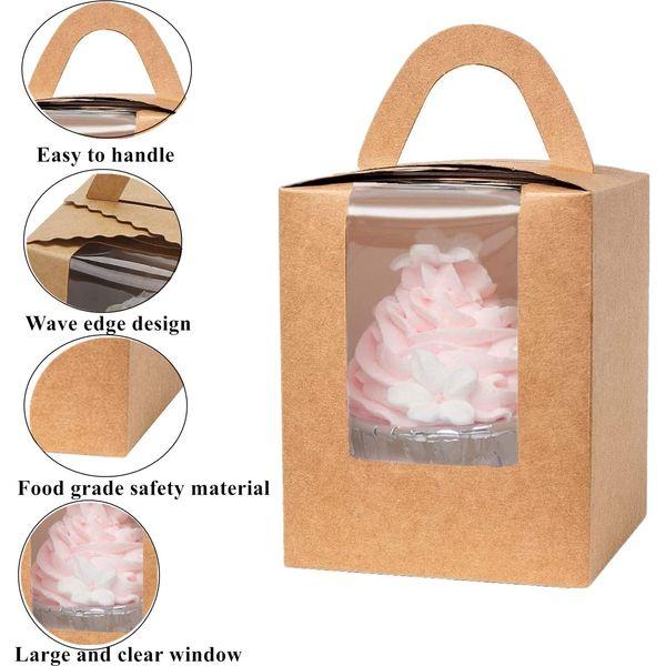Gbateri 60 Pieces Individual Cupcake Boxes with Insert and Clear Window, Brown Kraft Single Cupcake Boxes Cupcake Carrier with Handle Cupcake Container Bakery Boxes Mini Cake Boxes Treat Gift Boxes 1