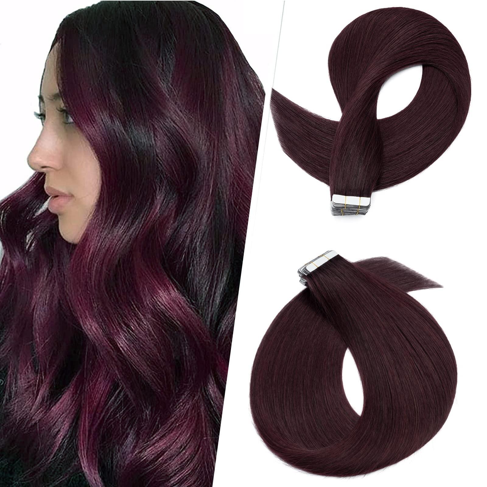 Silk-co 20pcs Tape in Hair Extensions 100% Remy Human Hair Straight Skin Weft Hair Extensions (12inch 40g, 20pcs/set, 99J Wine Red)