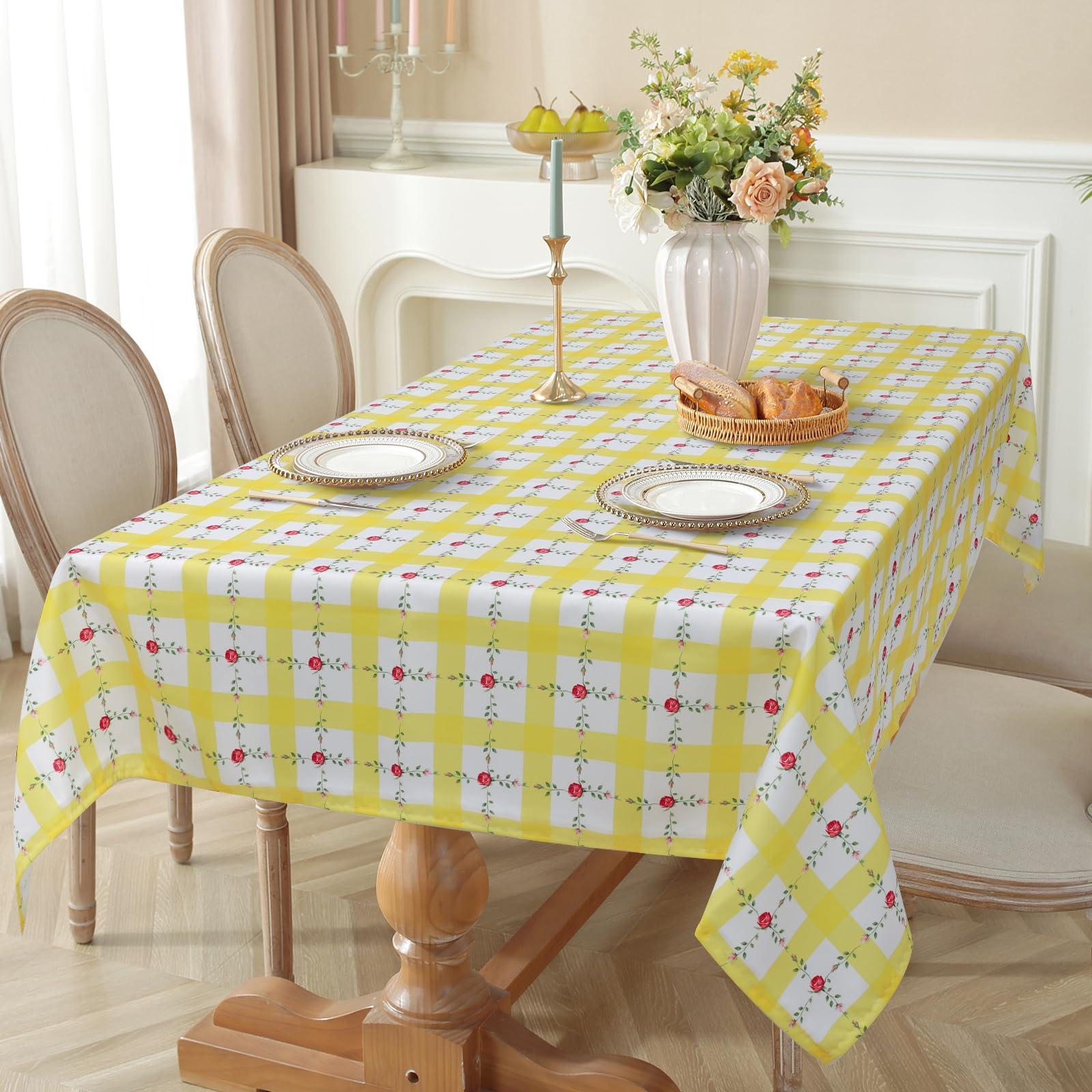 Arquiel Yellow Plaid Rose Tablecloth Spring Summer, Waterproof Rectangular Tablecloth Washable, Stain Resistant Cloth Table Cover for Party Picnic Dinner Decor (152x213cm) 4