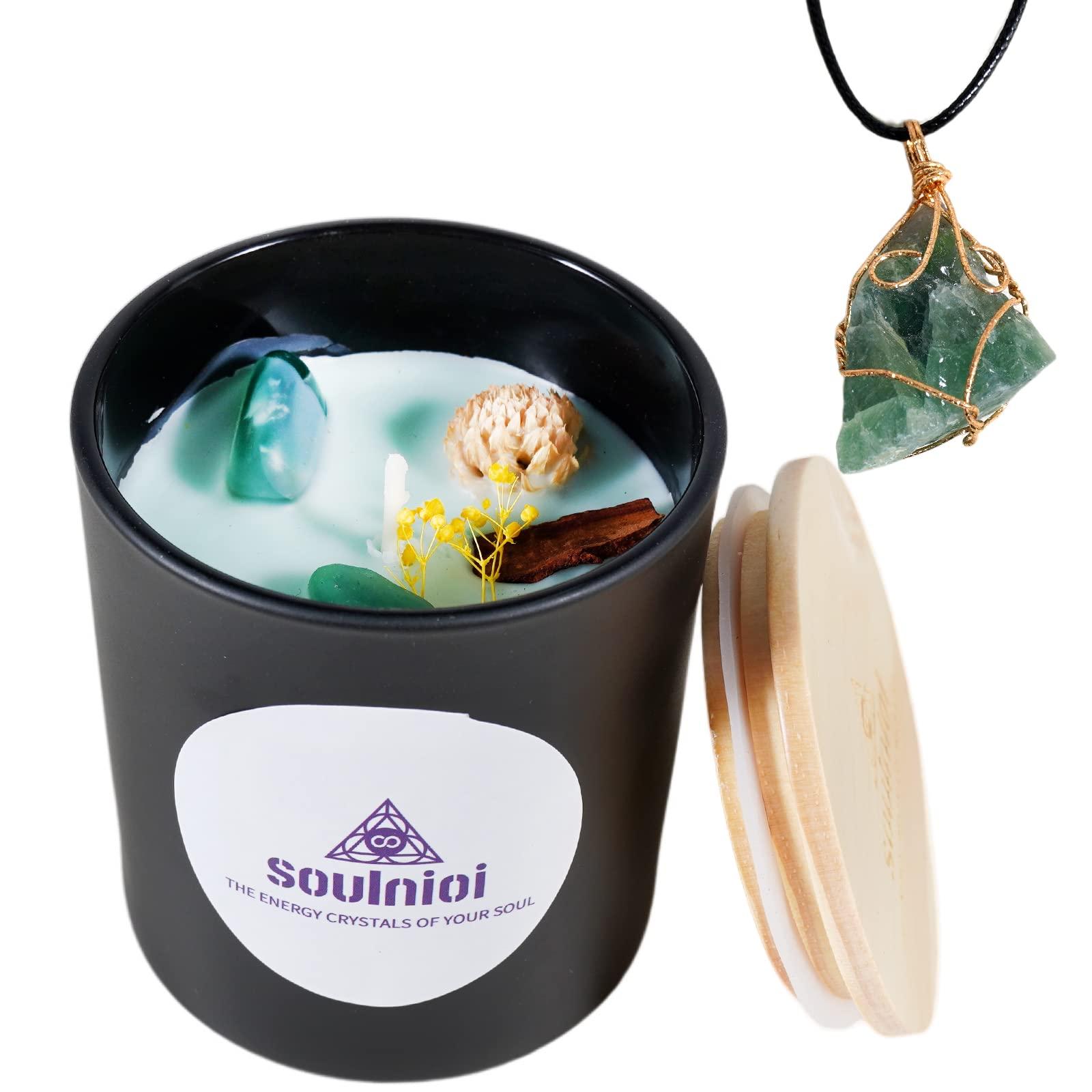 Soulnioi Scented Candle Set Black Cup Soy Wax Aromatherapy Candle with Crystal and Dry Flower Freesia Fragrance and Fluorite Crystal Pendant Necklace of Stress Realxtion for Wedding Birthday Gift