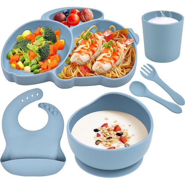 Hoseay Baby Led Weaning Set Silicone Baby Feeding Set 6 Pcs with Suction Plate Bowl Cup Bib Fork Spoon Baby Plate Set First Meal Cutlery for Toddlers Babies Kids, Blue Rabbit