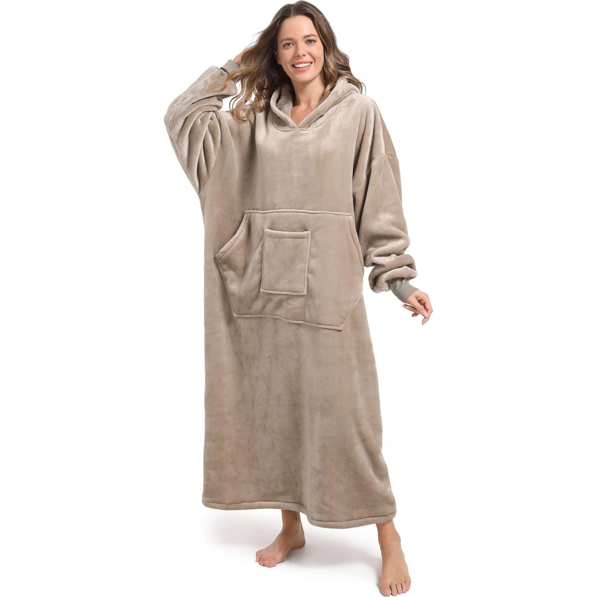 FUSSEDA Oversized Wearable Blanket Sweatshirt,Super Thick Warm Fleece Sherpa Cozy Blanket Hoodie with Pockets&Sleeves for Adult Kids Brown