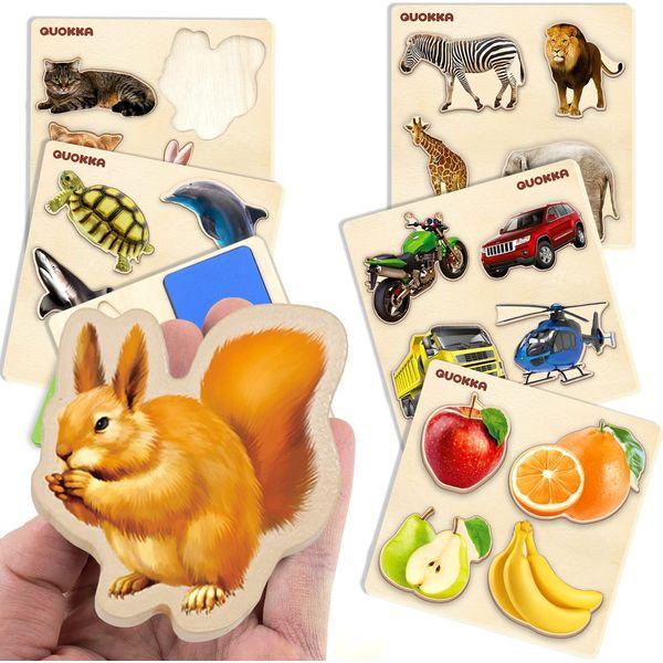 Toddler Toys For 1 2 3 Years Old Boys and Girls - 6 Montessori Wooden Toys For Kids by QUOKKA - Realistic Animals Learning Gifts for 2+ yo - Educational Kids Puzzles 3