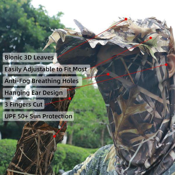 Tongcamo Hunting Face Mask Gaiter with Ghillie Hat, Camouflage Gloves Leafy, Arm Sleeves for Men Women Waterfowl Tree Camo Duck Turkey Hunting Blinds, 6 pack Hunting Accessories 2