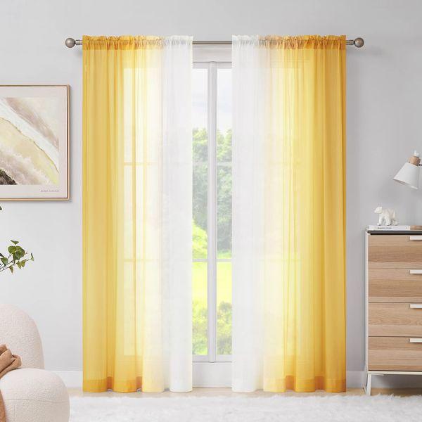 Melodieux Yellow Ombre Sheer Curtains Chiffon Yellow Gradient Rod Pocket Voiles, 56x90 inch, 2 Panels 0