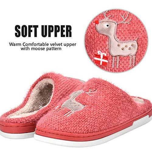 JEESA Womens Mens House Slippers Warm Fur Plush Womens Mules Slipper Cozy Moose Indoor Bedroom Slippers Outdoor Non-slip Home Shoes Red UK 6/7 1