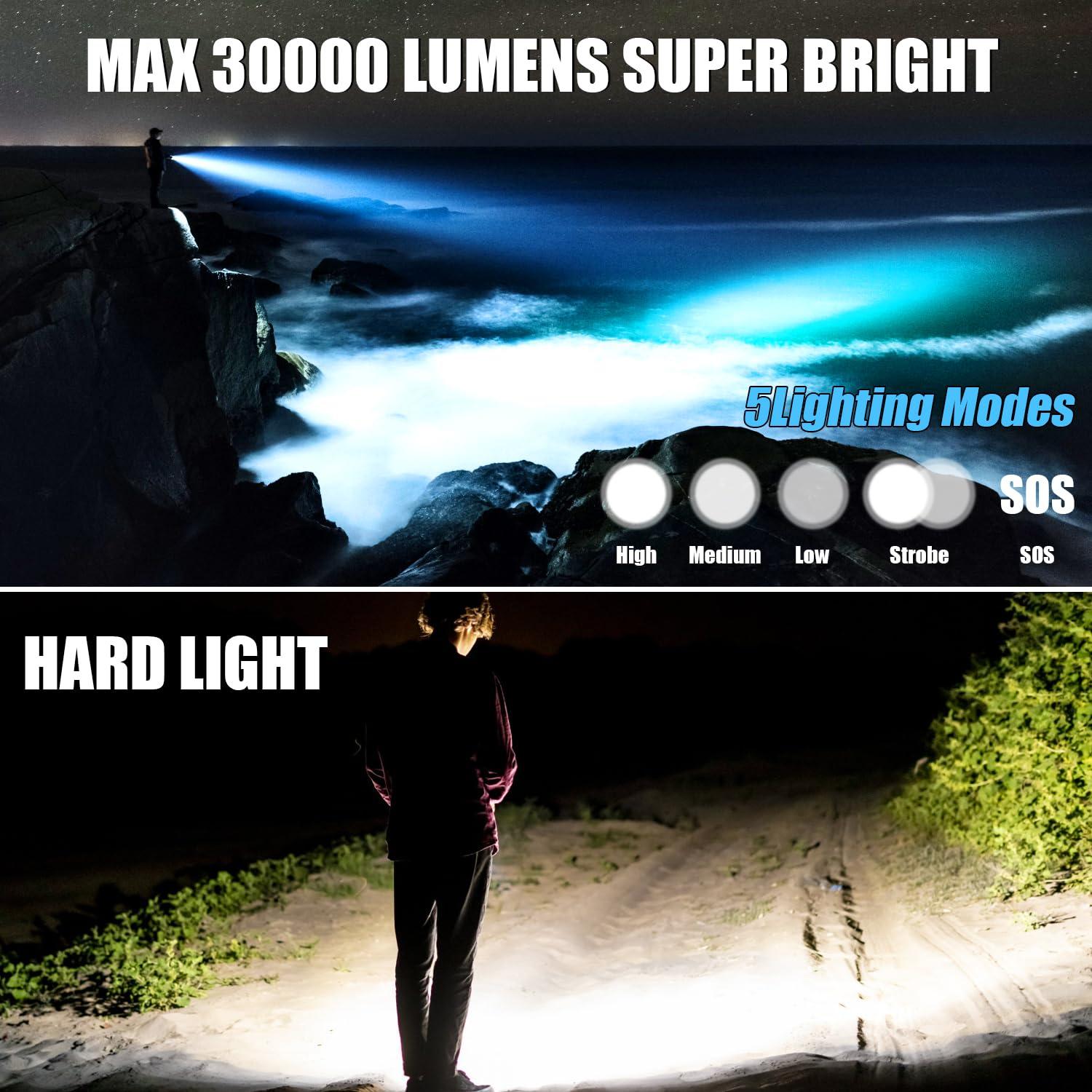 YANJI Torches LED Super Bright,Rechargeable LED Torch 30000 Lumens XHM77.2,Tactical Torch Battery Powered, Powerful Flashlight Torch Zoomable for Dog Walking Hiking Emergency Gift 2