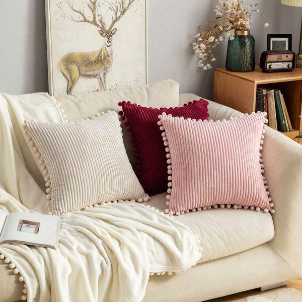 MIULEE Striped Corduroy Fabric Cushion Covers with Pom-poms Solid Cushion Cover Pure Color Pillow Cover Sham Home for Sofa Chair Couch/Bedroom Decorative Pillowcases 20"x20" 2 Pieces Cream 4