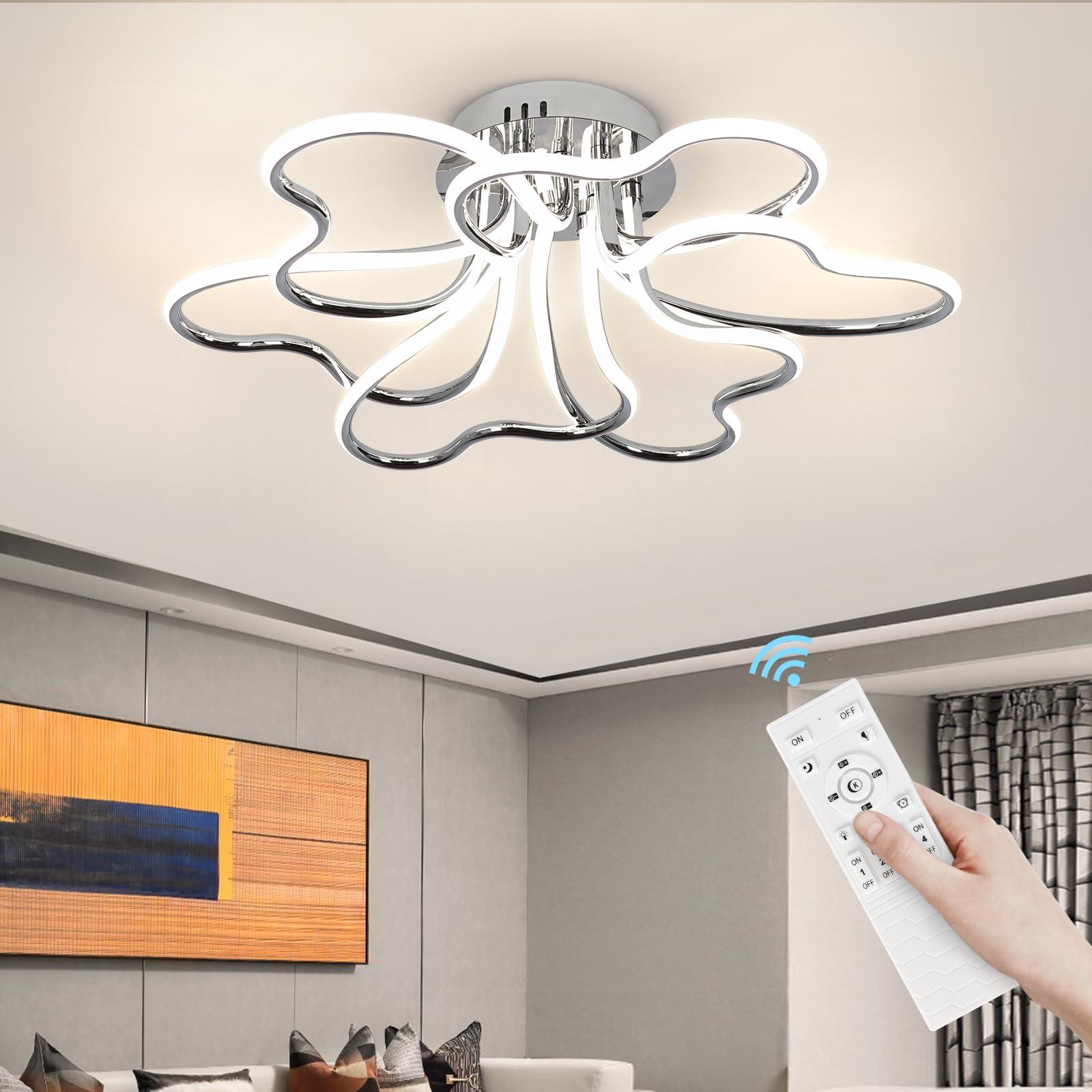 EIDISUNY Dimmable LED Ceiling Light Modern LED Ceiling Lamp with Remote Control, Natural Light 4000K, Chrome Ceiling lighting Fixture for Hallway Bedroom Kitchen Living Room Bedroom - 64cm (Silver)