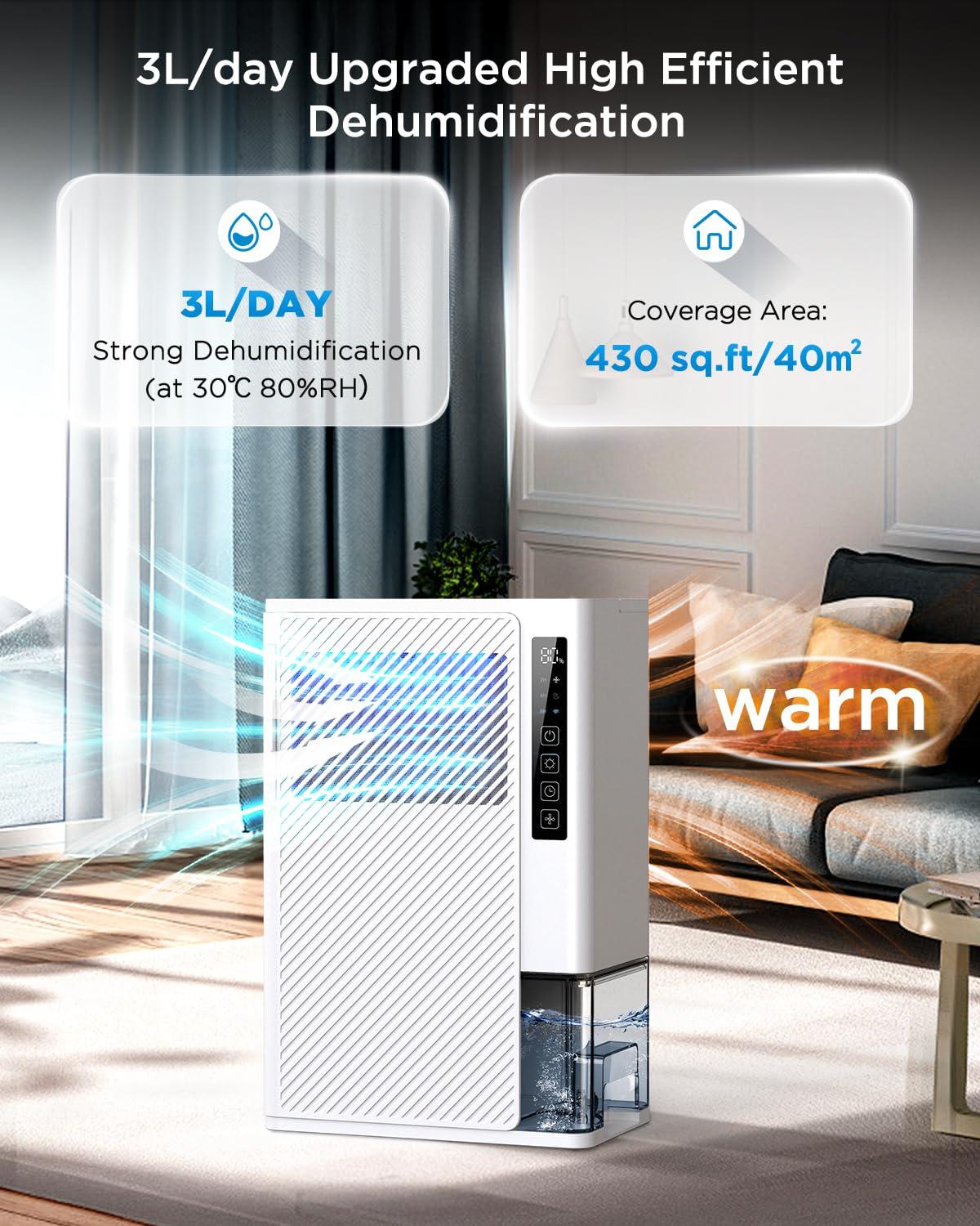 EasyAcc 3L/Day Dehumidifiers for Home, Newly Desiccant Dehumidifiers for Drying Clothes/Humidity Display/Timer/Drainage Hose/7 Colorful LED/Quiet ＜30 dB/Electric Dehumidifier for Bathroom Basements 1