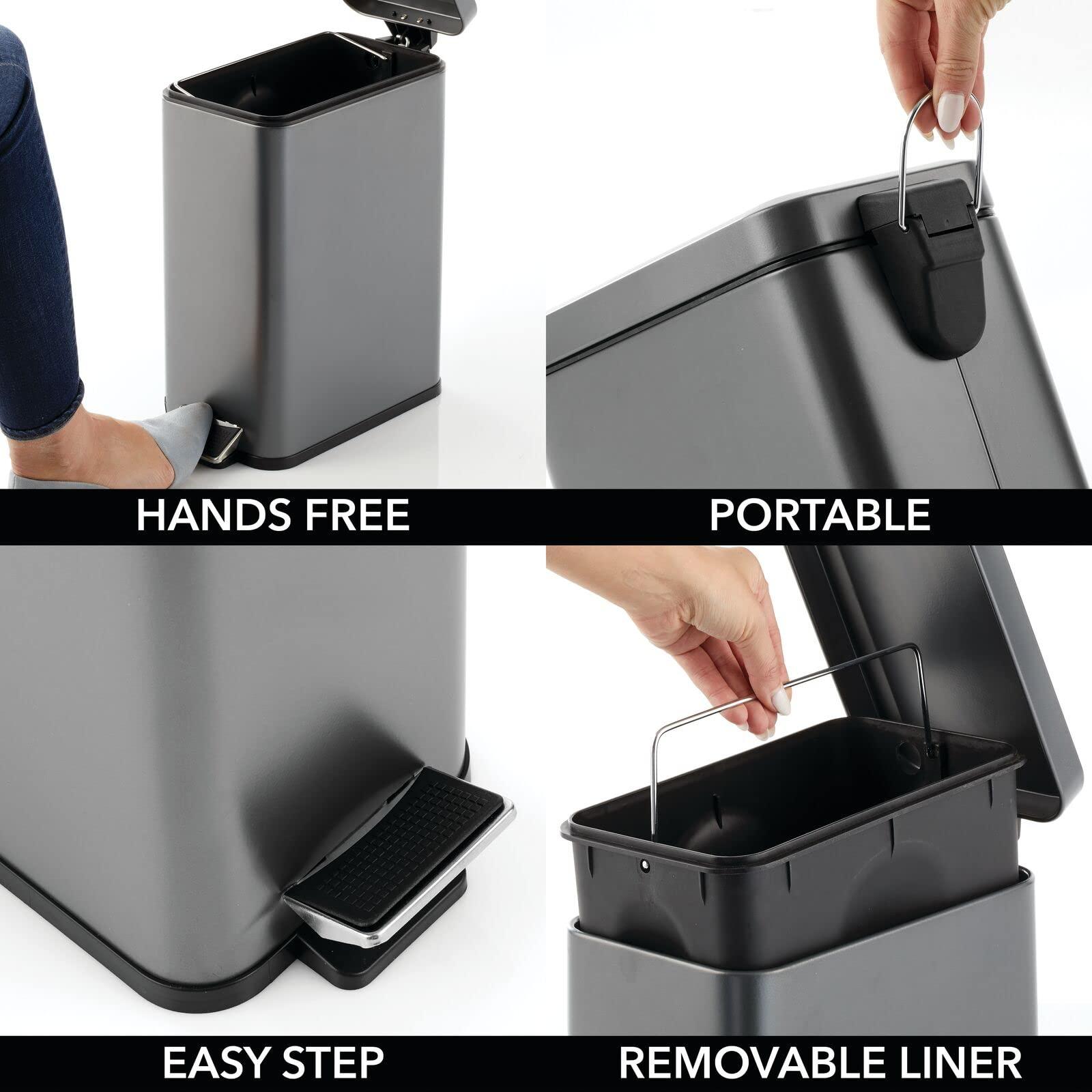 mDesign Pedal Bin - Household Bin with Pedal, Lid and Plastic Bucket Insert for Bathroom, Kitchen, and Office - Metal Rubbish Bin with Ergonomic Design - Graphite 2