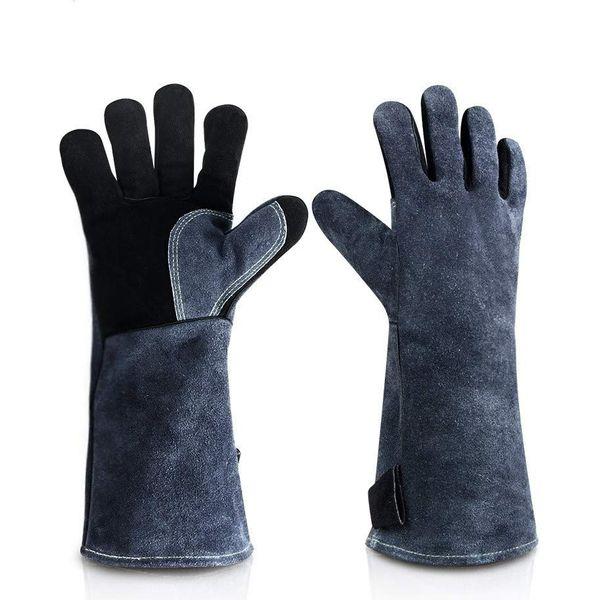 JZK Heavy duty large leather heat resistant heat proof fire gloves gauntlets for wood burner log burner BBQ welding, gardening gloves for men