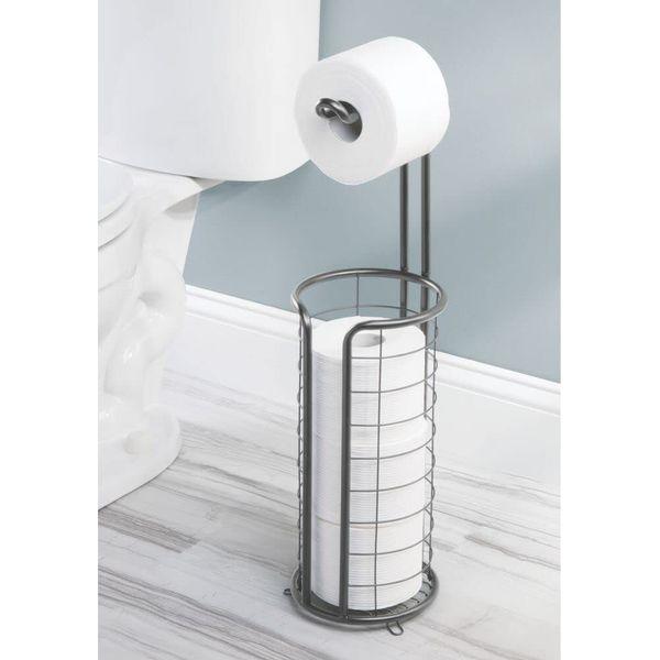 mDesign Free Standing Toilet Roll Holder for The Main or Guest Bathroom - Metal Loo Roll Holder - Toilet Paper Holder with Space for 3 Spare Rolls - Graphite Grey 1