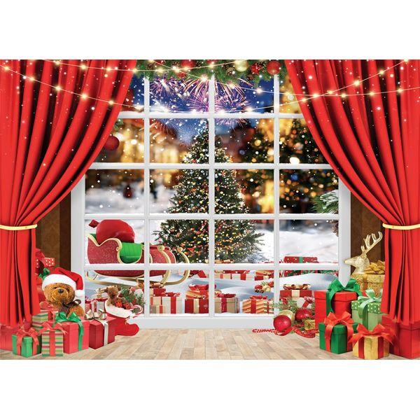 LYWYGG 10x10FT Christmas Backdrop Christmas Tree Gift Box Decoration Red Curtain Window Snowflake Christmas Pendant Wooden Door Snowflake Backdrop Photo Studio Backdrop CP-465-1010 3