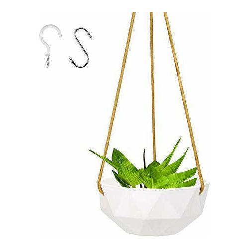 FairyLavie Ceramic Hanging Plant Pot Indoor Outdoor,23 CM Hanging Planter with Drainage Hole,Modern Porcelain Flower Pot with Polyester Rope Hanger for Herbs Ivy Crawling Plants,White 0