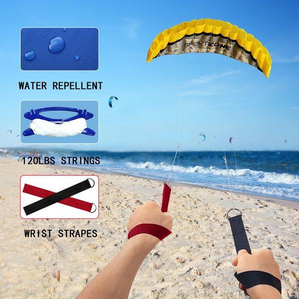 Touch the sky 100in Dual Line Stunt Parafoil Kite | Parachute Kite For Kids & Adults | Power Kite Beach Summer Flying Outside Activity | Strings Wrist Strapes | Yellow 1