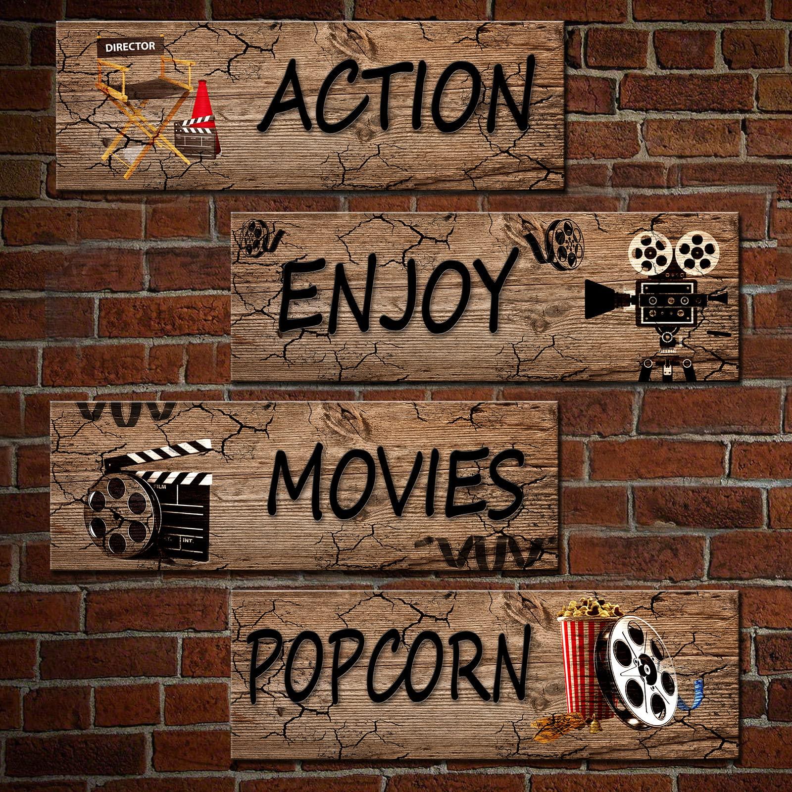 4 Pieces Movies Theatre Wall Art Film Reel Wood Wall Plaque Action,Movies,Enjoy,Popcorn Wooden Signs Rustic Home Theatre Decor Film Clapperboard Wall Decor Retro Filmmaking Chalkboard Wall Art(Black) 1