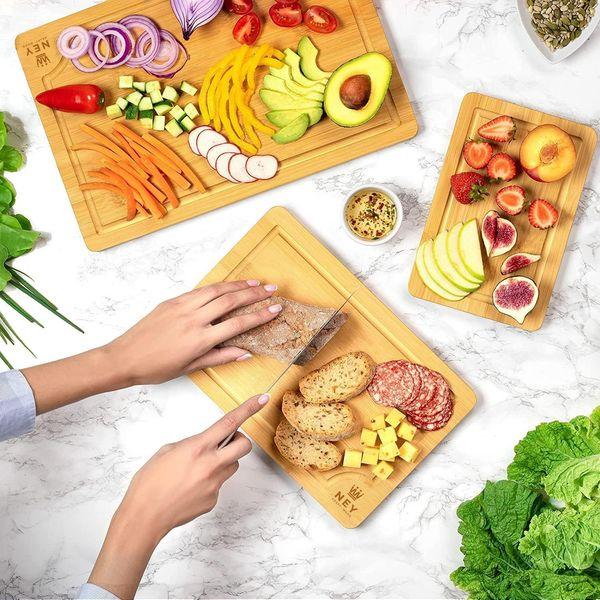 Chopping Boards for Kitchen - Bamboo Chopping Board Set of 3-Piece, Chopping Boards w/Juice Grooves, Thick Chopping Board for Meat, Veggies, Easy Grip Handle - Kitchen Gadgets Gift 4