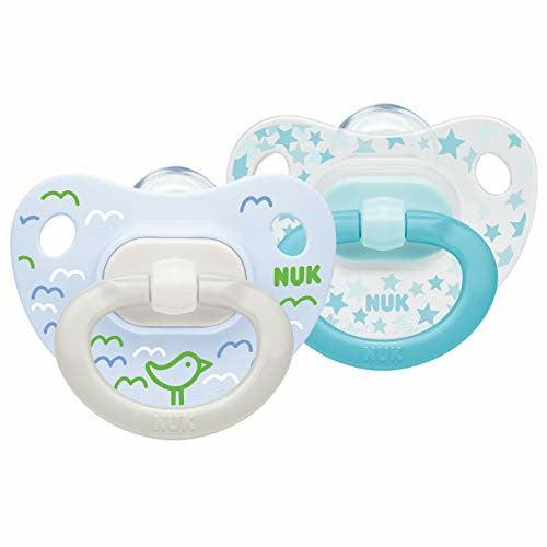NUK Happy Days Baby Dummies, 0-6 Months, Silicone, BPA Free, 2 Count, Bird/Stars OR Bike/Car (design may vary) 0