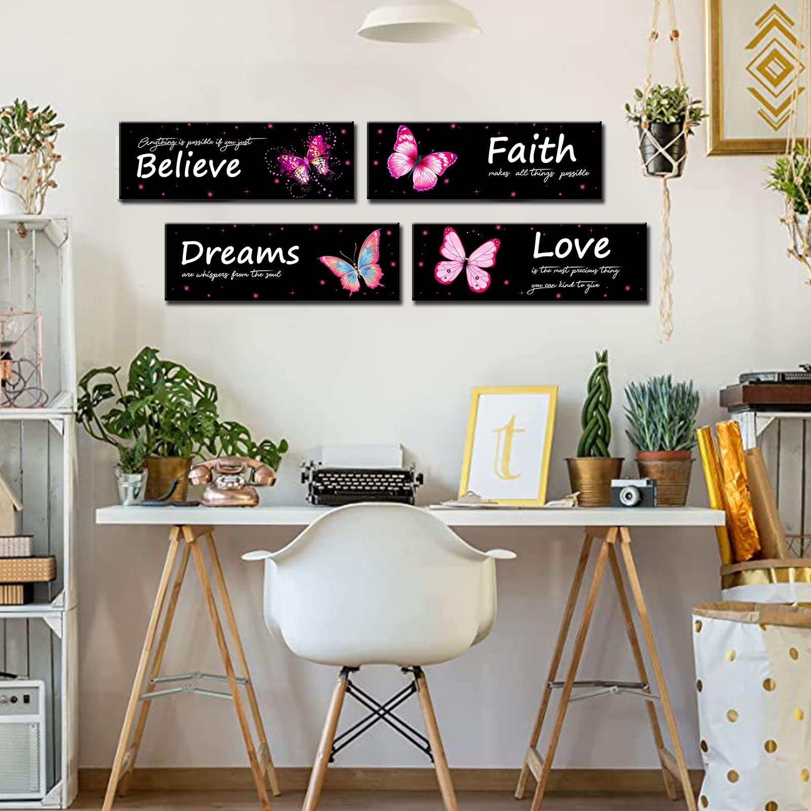 4 Pieces Butterfly Wall Decor Love Faith Believe Dreams Wall Art Wooden Inspirational Quote Hanging Signs Rustic Pink Stars Wall Plaque for Home Bathroom Living Room Decorations 12x4 inches 3