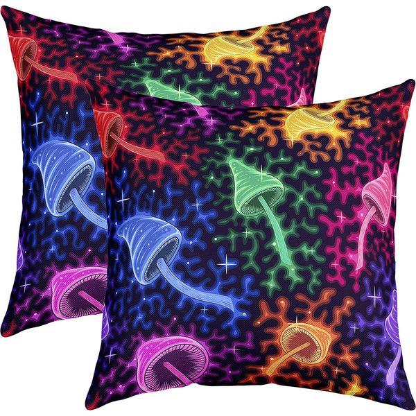 feelingyou Glowing Mushroom Pillow Cover for Home Bed Trippy Plant Glitter Star Plant Decor Cushion Cover Watercolor Geometry Graffiti Cushion Case for Party Housewarming Office RV,2 Pack,20"X20"