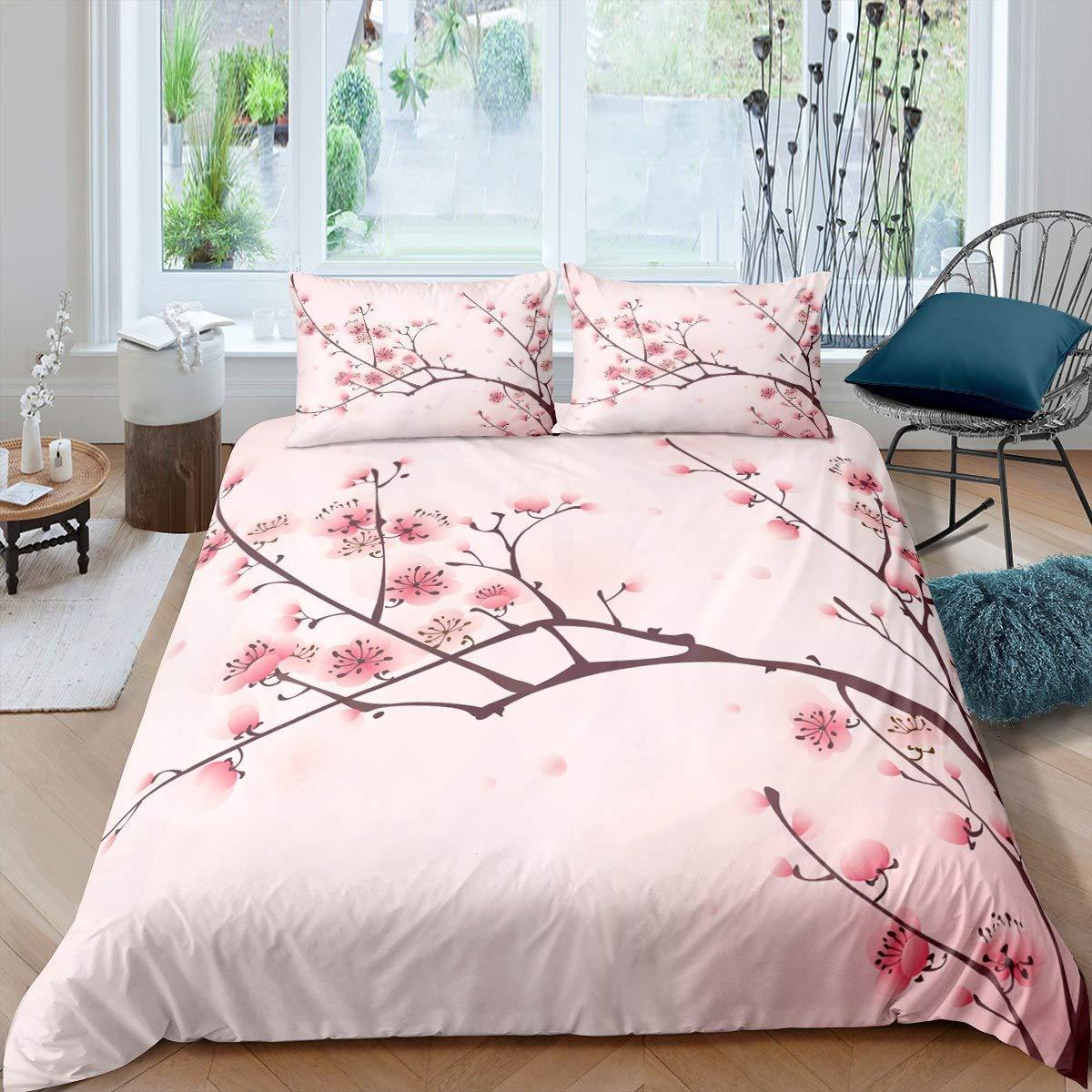 Cherry Blossoms Duvet Cover Set Sakura Flowers Branch Comforter Cover Pale Pink Bedding Set For Girly Girls Teens Kids Child,Japanese Spring Quilt Cover Single Size 1 Duvet Cover With 1 Pillow Case 3