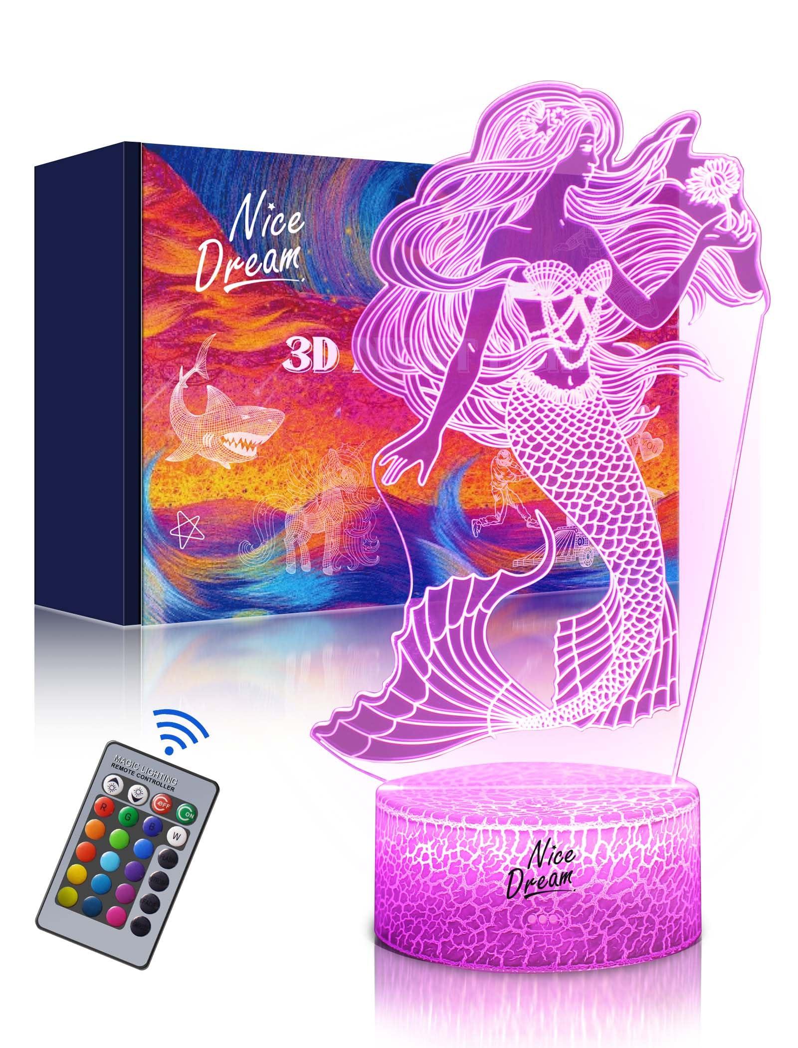 Nice Dream Mermaid Night Light for Kids, 3D Night Lamp, 16 Colors Changing with Remote Control, Room Decor, Gifts for Children Girls Boys 0