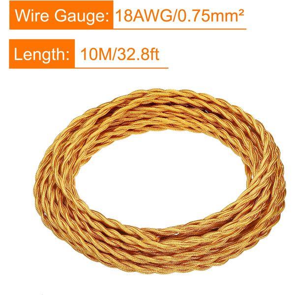 sourcing map Twisted Cloth Covered Wire 2 Core 18AWG 10m/32.8ft, Vintage Woven Fabric Electrical Cable for Pendant Light DIY Project,Gold Tone 1
