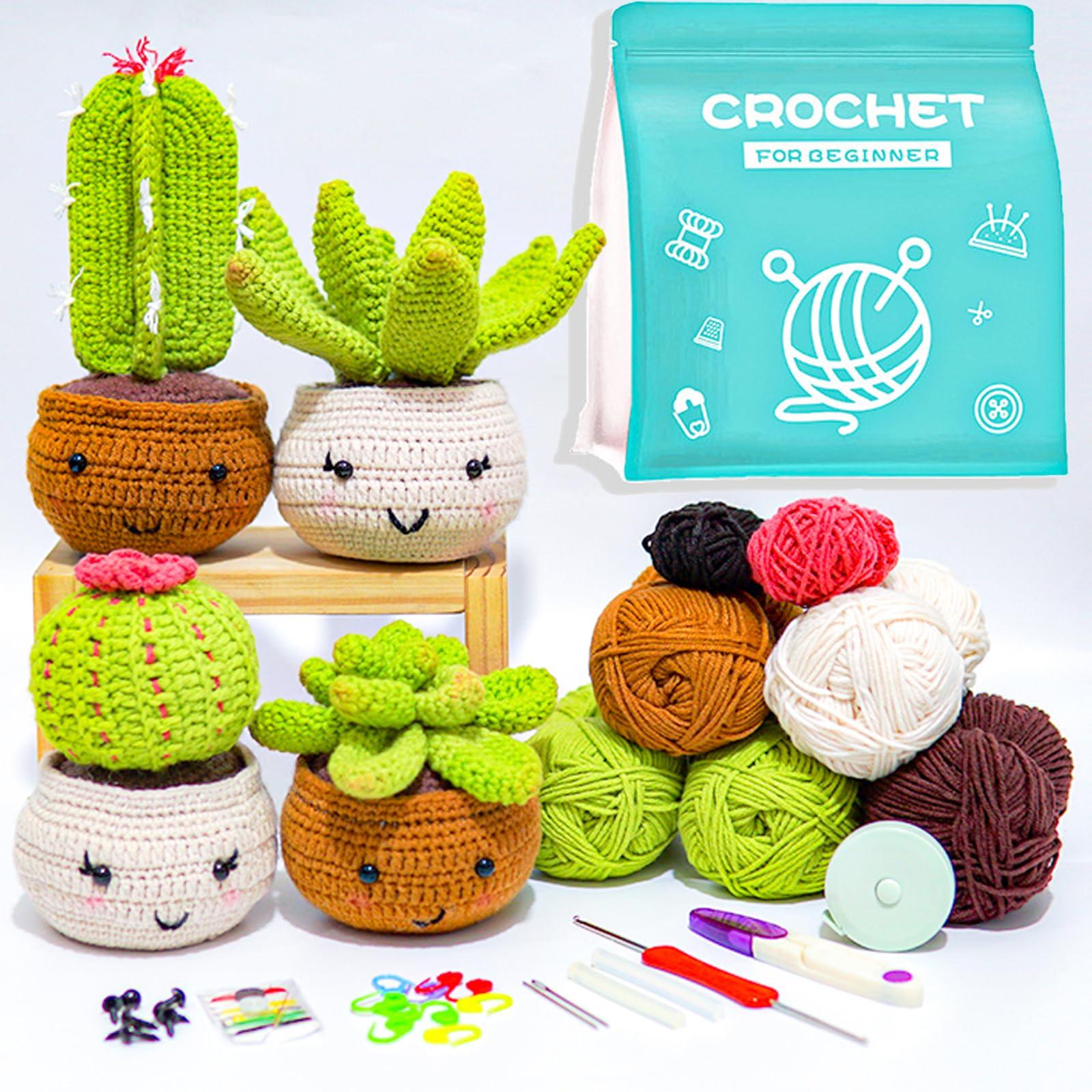 IFUNY Crochet kit for Beginners Adults,Crochet Animal Kit, Complete Knitting Kit with Yarn, Crochet Hooks, Step-by-Step Video, Learn to Crochet Starter kit for Beginners（4 pcs Cactus